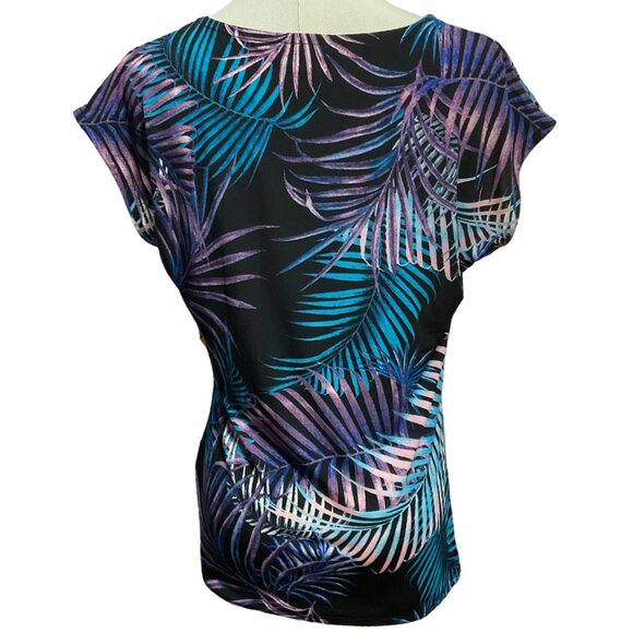 Black/Purple/Blue Foliage Print Faux Wrap Top w/ Asymmetrical Hem - Picture 2 of 2